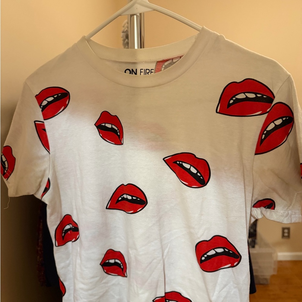 On Fire White Tee with Red Lips Design